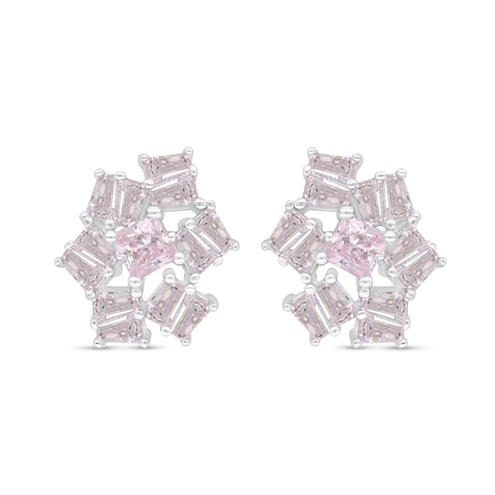 Sterling Silver 925 Earring Rhodium Plated Embedded With Pink Zircon 