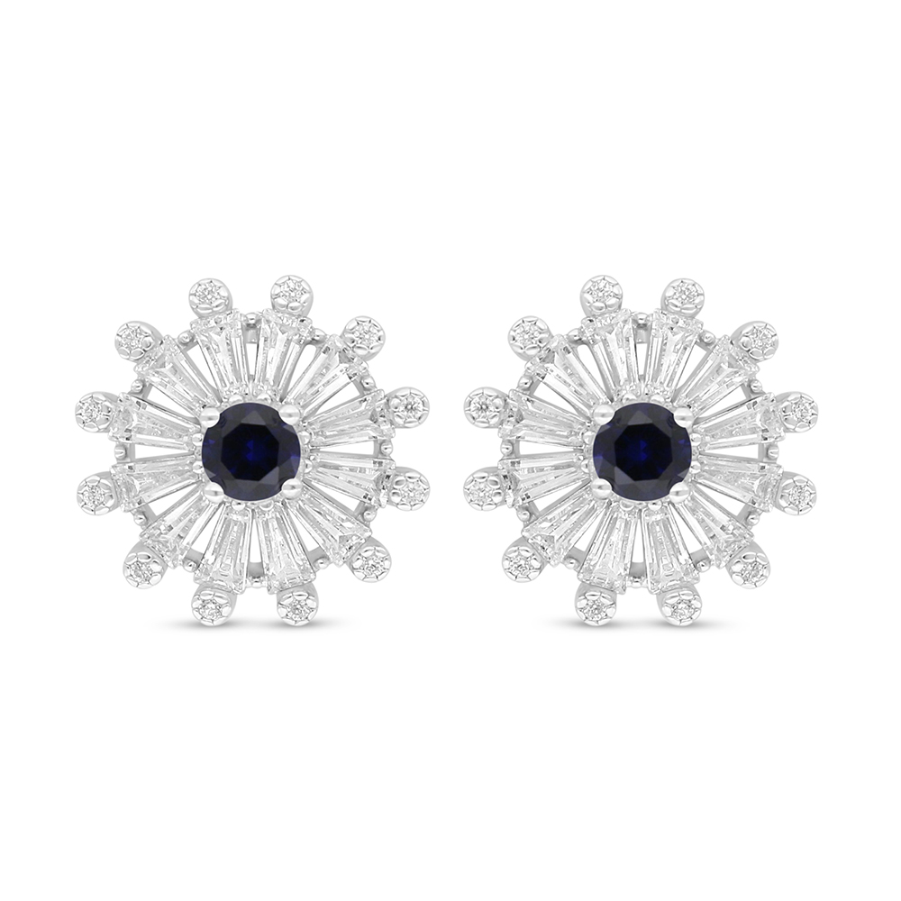 Sterling Silver 925 Earring Rhodium Plated Embedded With Sapphire Corundum And White Zircon