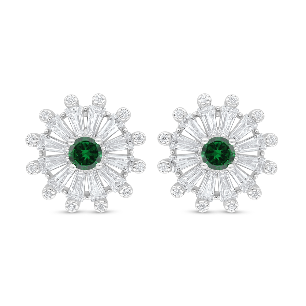 Sterling Silver 925 Earring Rhodium Plated Embedded With Emerald Zircon And White Zircon