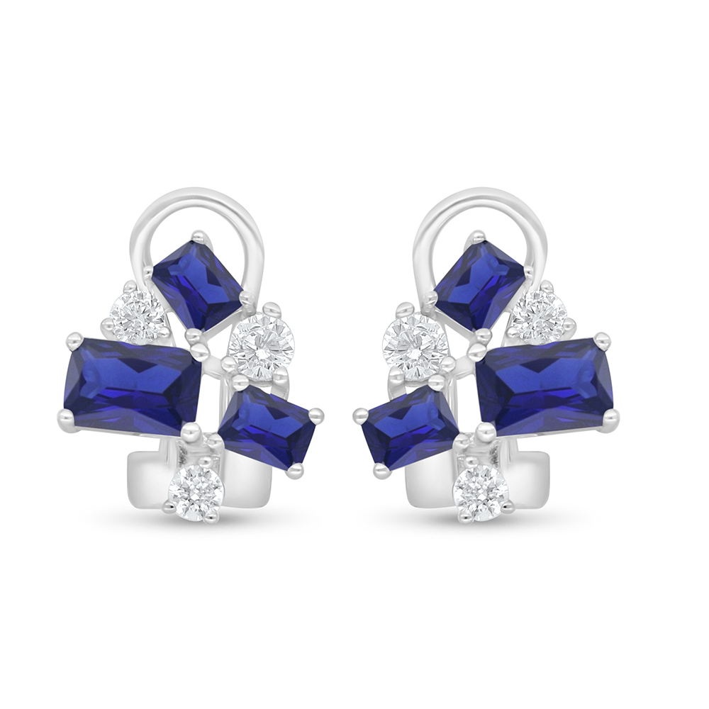 Sterling Silver 925 Earring Rhodium Plated Embedded With Sapphire Corundum And White Zircon