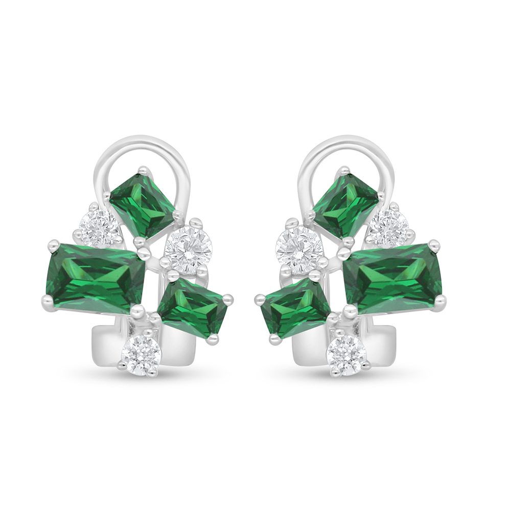 Sterling Silver 925 Earring Rhodium Plated Embedded With Emerald Zircon And White Zircon