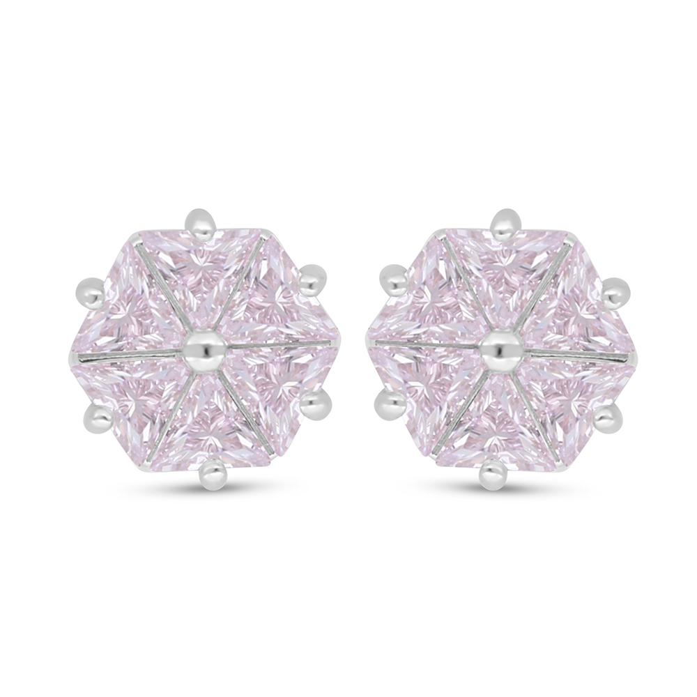 Sterling Silver 925 Earring Rhodium Plated Embedded With Pink Zircon 