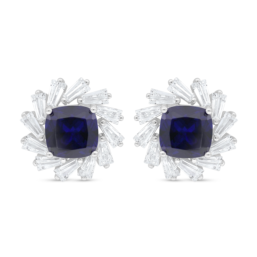 Sterling Silver 925 Earring Rhodium Plated Embedded With Sapphire Corundum And White Zircon