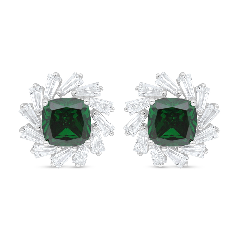 Sterling Silver 925 Earring Rhodium Plated Embedded With Emerald Zircon And White Zircon