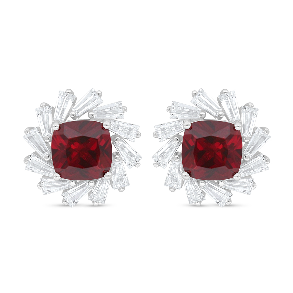 Sterling Silver 925 Earring Rhodium Plated Embedded With Ruby Corundum And White Zircon