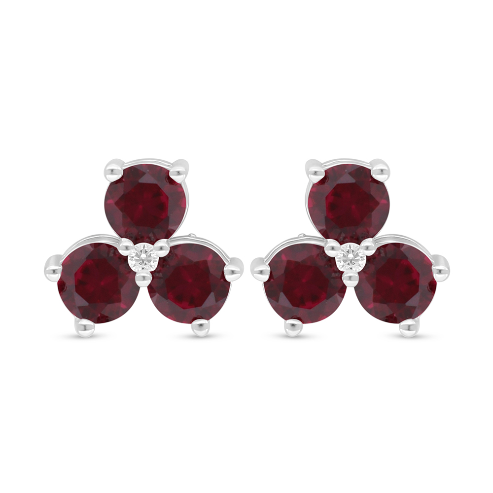 Sterling Silver 925 Earring Rhodium Plated Embedded With Ruby Corundum And White Zircon