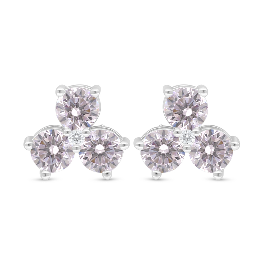 Sterling Silver 925 Earring Rhodium Plated Embedded With Pink Zircon And White Zircon