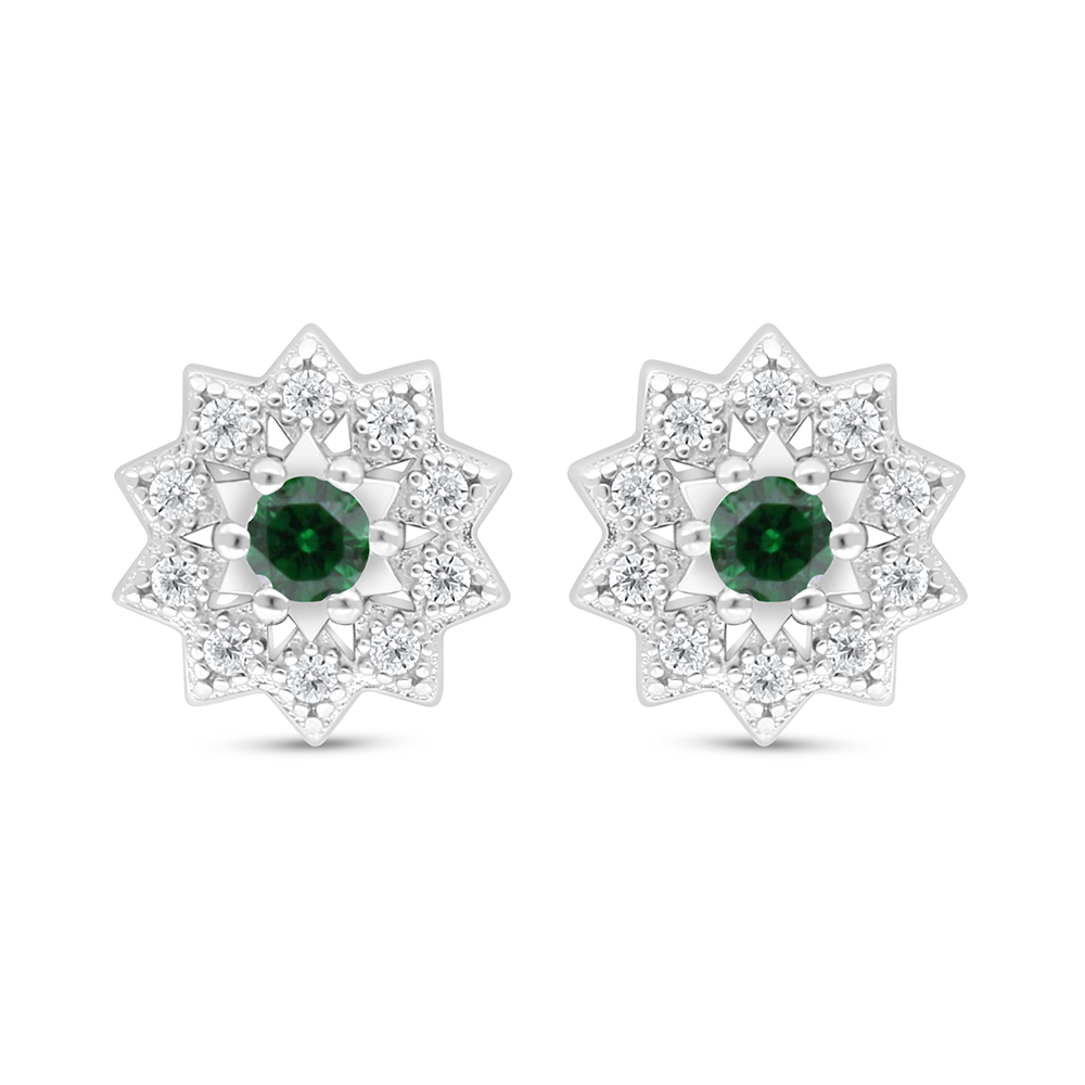 Sterling Silver 925 Earring Rhodium Plated Embedded With Emerald Zircon And White Zircon