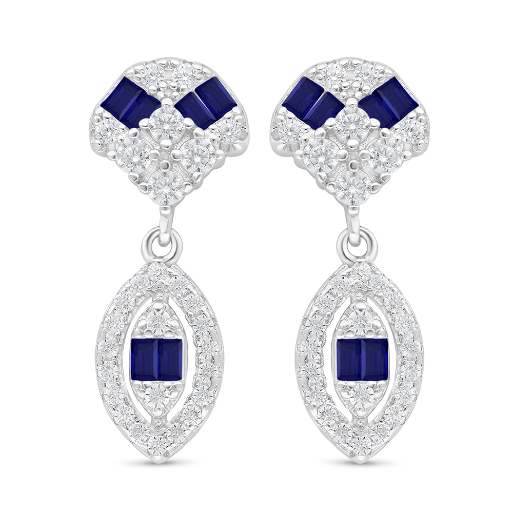 Sterling Silver 925 Earring Rhodium Plated Embedded With Sapphire Corundum And White Zircon