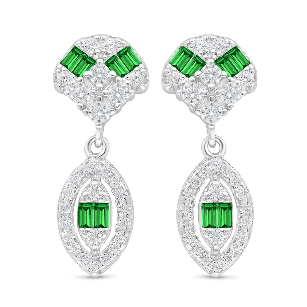 Sterling Silver 925 Earring Rhodium Plated Embedded With Emerald Zircon And White Zircon