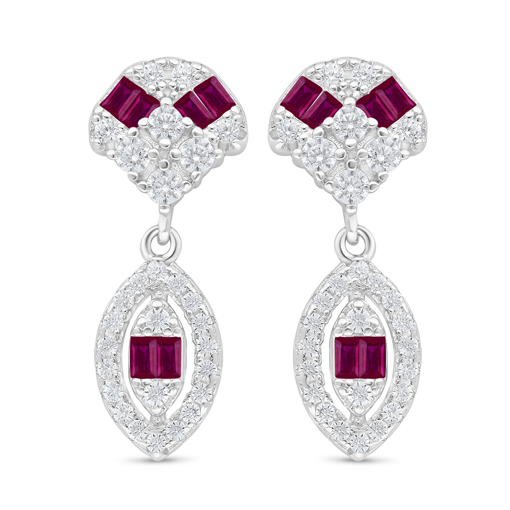 Sterling Silver 925 Earring Rhodium Plated Embedded With Ruby Corundum And White Zircon