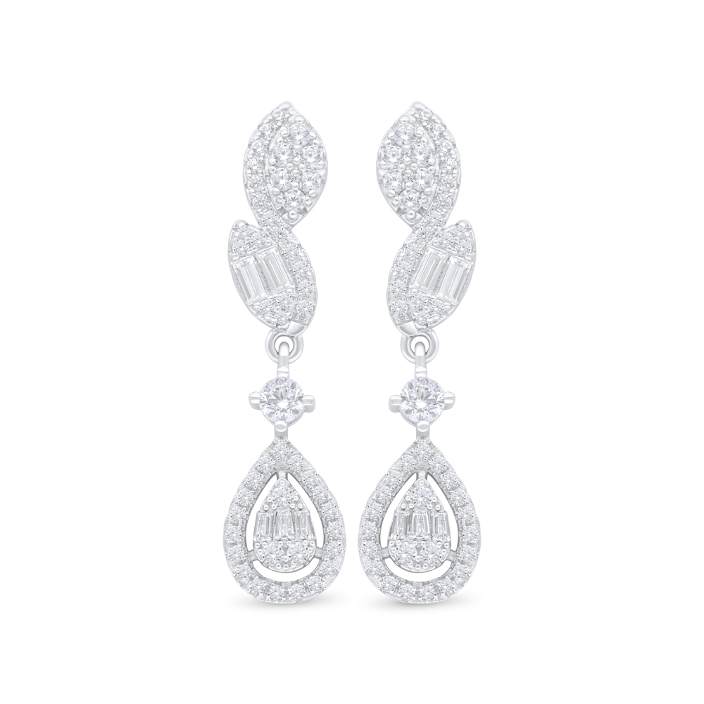 Sterling Silver 925 Earring Rhodium Plated Embedded With White Zircon