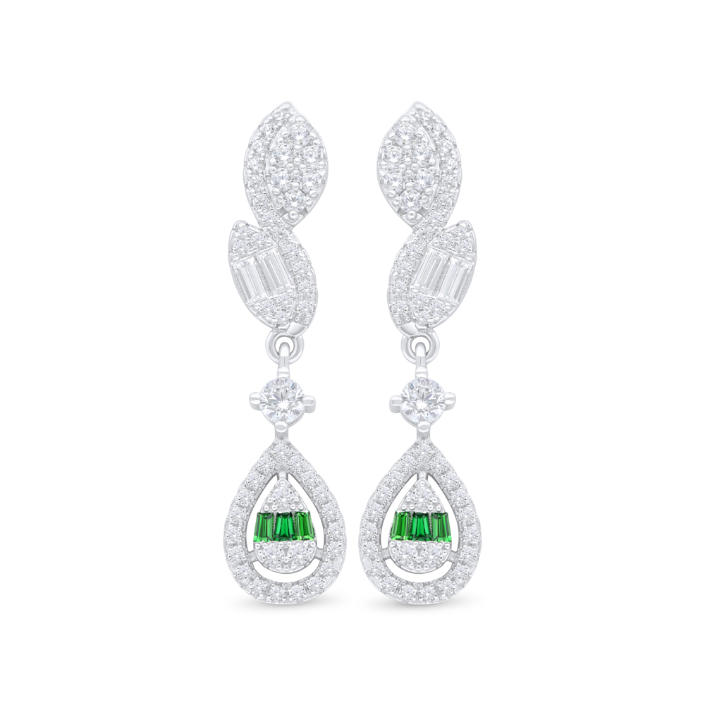Sterling Silver 925 Earring Rhodium Plated Embedded With Emerald Zircon And White Zircon