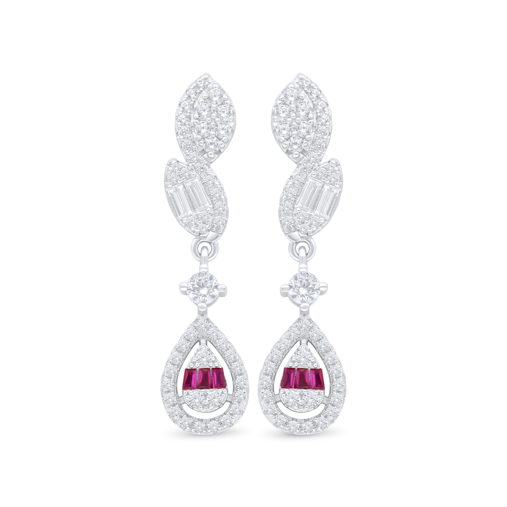 Sterling Silver 925 Earring Rhodium Plated Embedded With Ruby Corundum And White Zircon