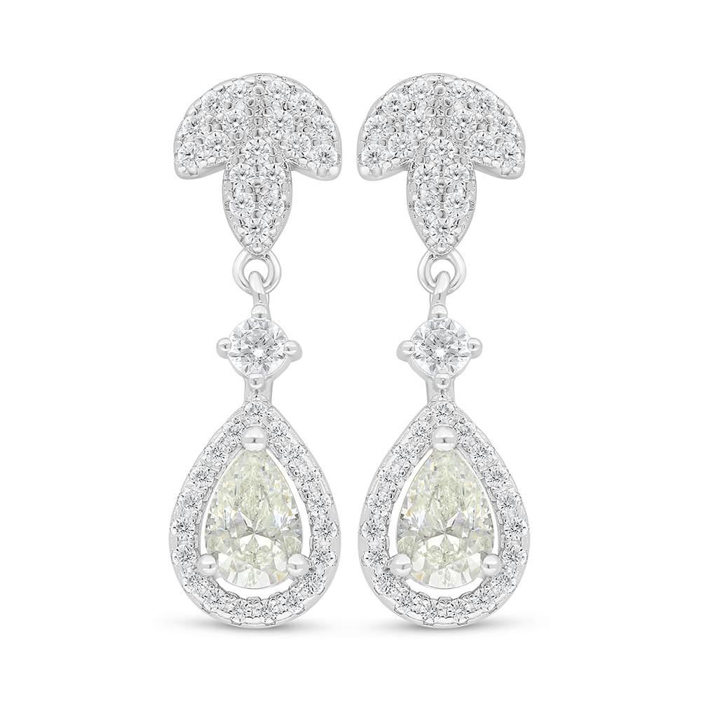 Sterling Silver 925 Earring Rhodium Plated Embedded With Yellow Diamond And White Zircon