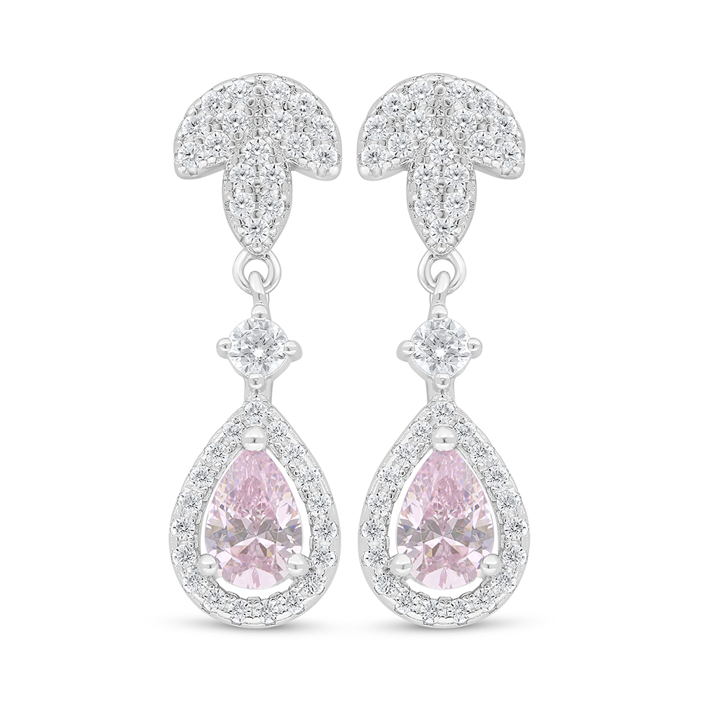 Sterling Silver 925 Earring Rhodium Plated Embedded With Pink Zircon And White Zircon