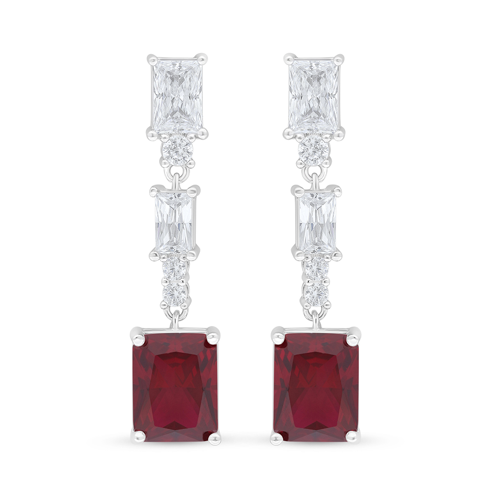 Sterling Silver 925 Earring Rhodium Plated Embedded With Ruby Corundum And White Zircon