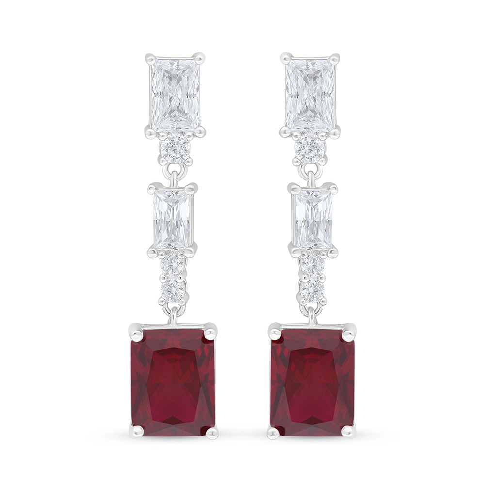 Sterling Silver 925 Earring Rhodium Plated Embedded With Ruby Corundum And White Zircon