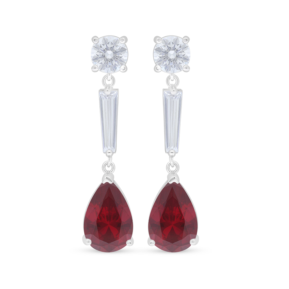 Sterling Silver 925 Earring Rhodium Plated Embedded With Ruby Corundum And White Zircon