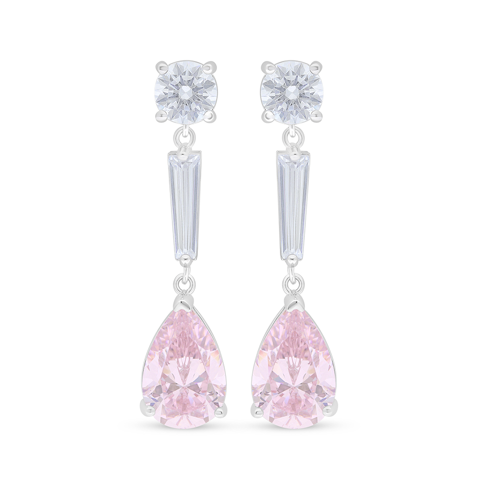 Sterling Silver 925 Earring Rhodium Plated Embedded With Pink Zircon And White Zircon