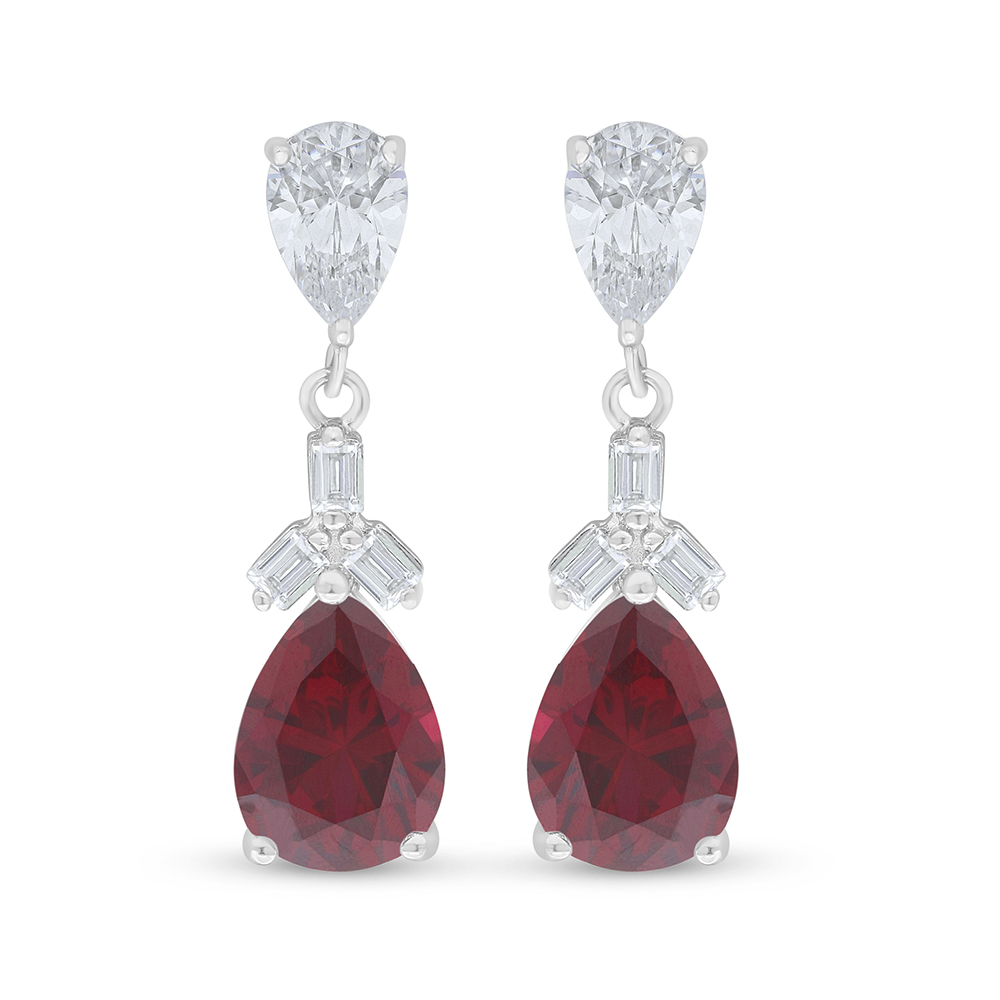 Sterling Silver 925 Earring Rhodium Plated Embedded With Ruby Corundum And White Zircon