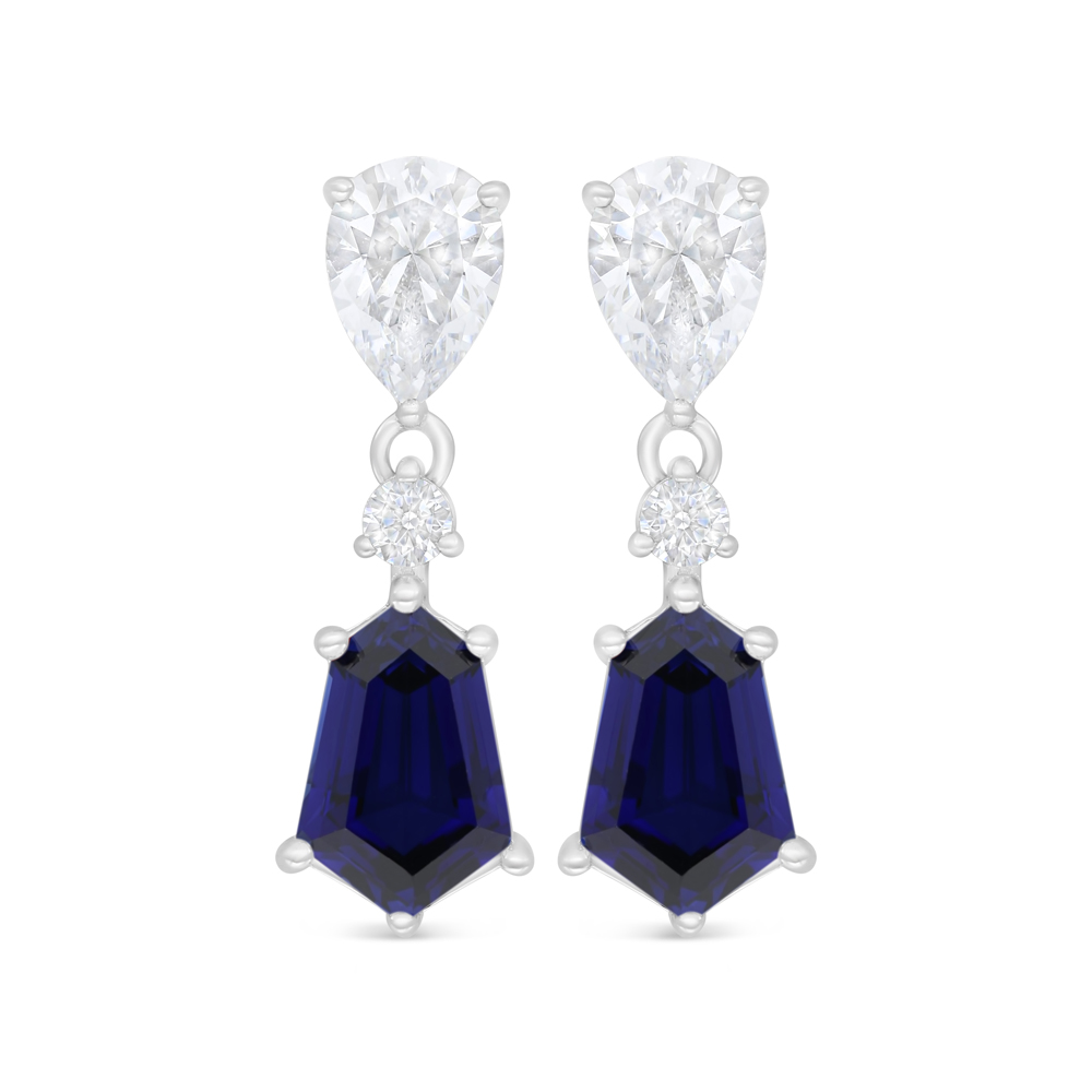 Sterling Silver 925 Earring Rhodium Plated Embedded With Sapphire Corundum And White Zircon