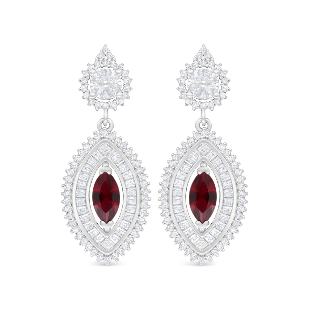 Sterling Silver 925 Earring Rhodium Plated Embedded With Ruby Corundum And White Zircon