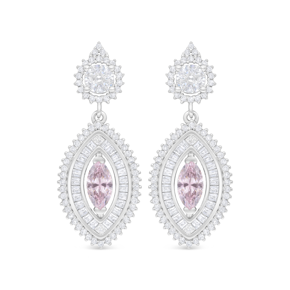 Sterling Silver 925 Earring Rhodium Plated Embedded With Pink Zircon And White Zircon