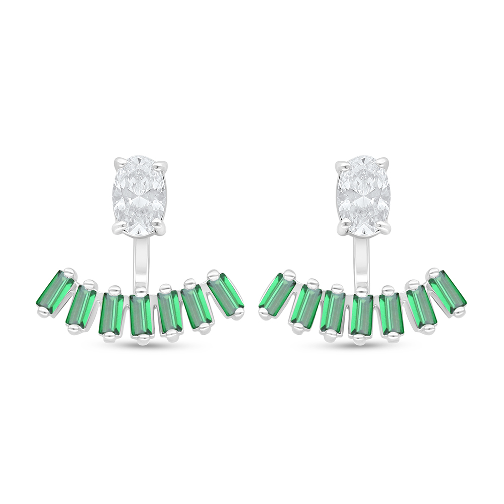 Sterling Silver 925 Earring Rhodium Plated Embedded With Emerald Zircon And White Zircon