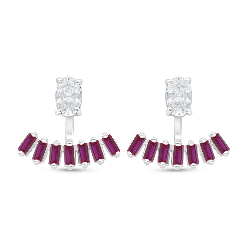 Sterling Silver 925 Earring Rhodium Plated Embedded With Ruby Corundum And White Zircon