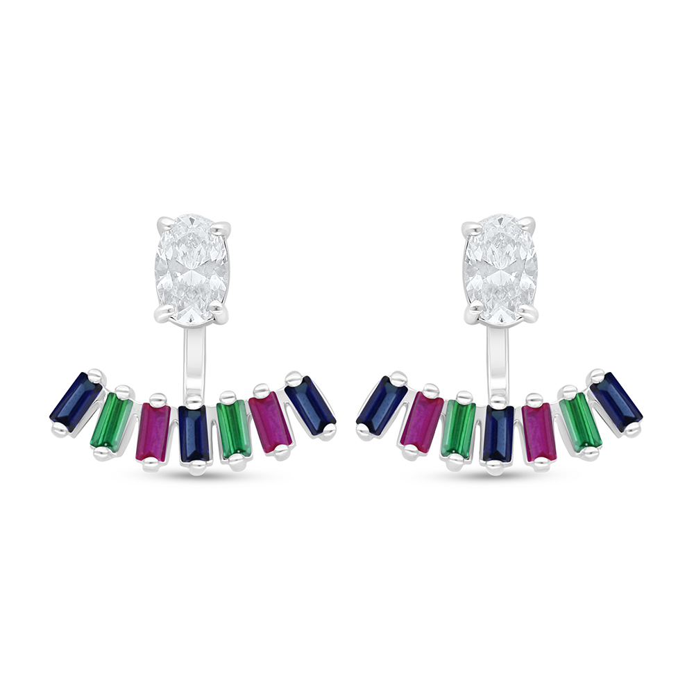 Sterling Silver 925 Earring Rhodium Plated Embedded With Sapphire Corundum And Ruby Corundum And Emerald Zircon And White Zircon
