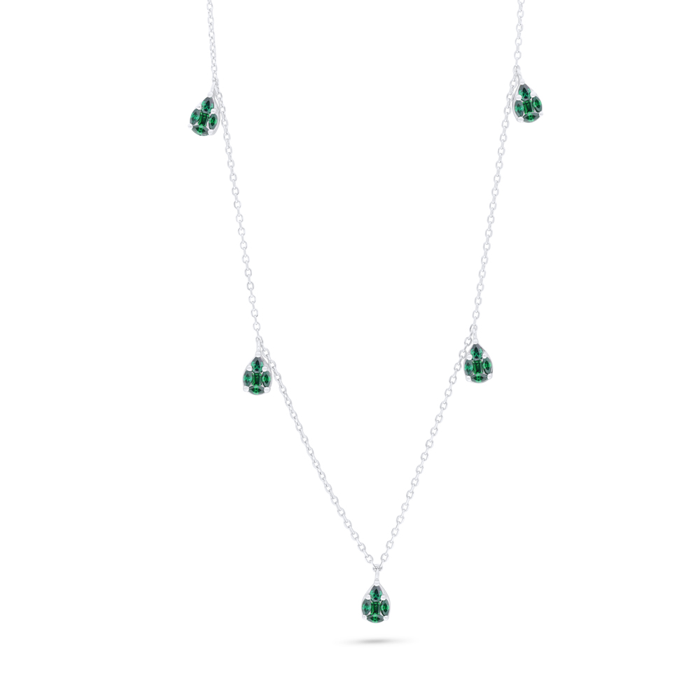 Sterling Silver 925 Necklace Rhodium Plated Embedded With Emerald Zircon 