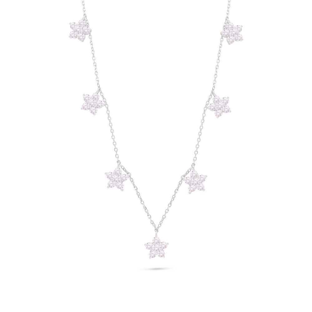 Sterling Silver 925 Necklace Rhodium Plated Embedded With Pink Zircon 