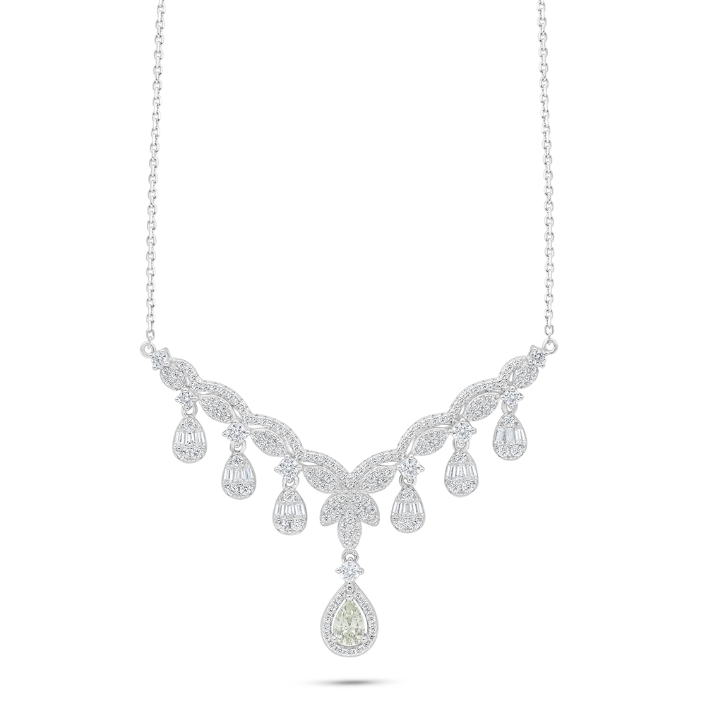 Sterling Silver 925 Necklace Rhodium Plated Embedded With Yellow Diamond And White Zircon