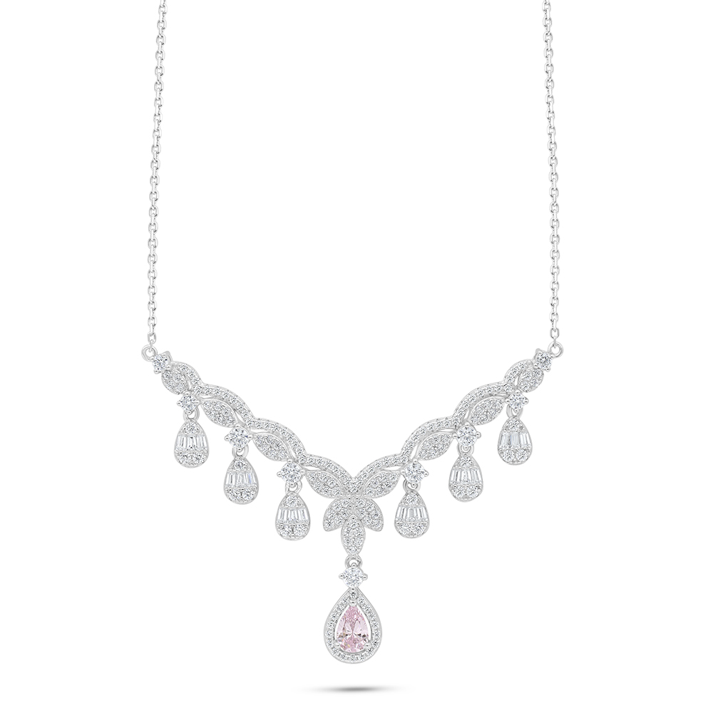 Sterling Silver 925 Necklace Rhodium Plated Embedded With Pink Zircon And White Zircon