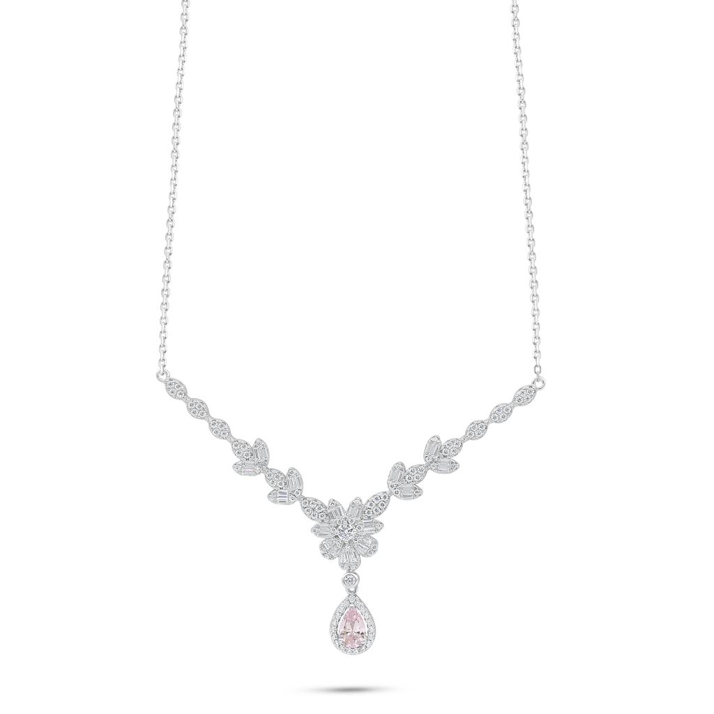 Sterling Silver 925 Necklace Rhodium Plated Embedded With Pink Zircon And White Zircon