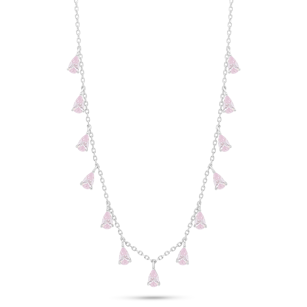 Sterling Silver 925 Necklace Rhodium Plated Embedded With Pink Zircon 