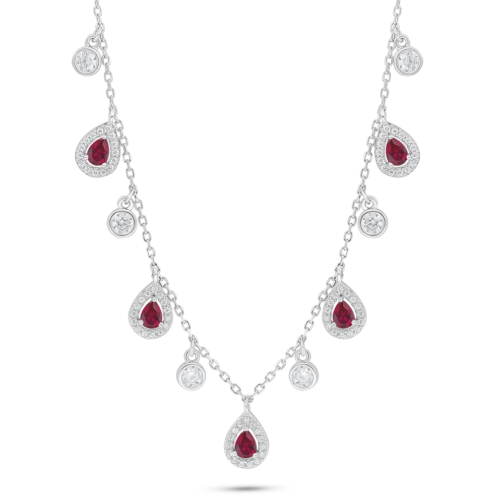 Sterling Silver 925 Necklace Rhodium Plated Embedded With Ruby Corundum And White Zircon