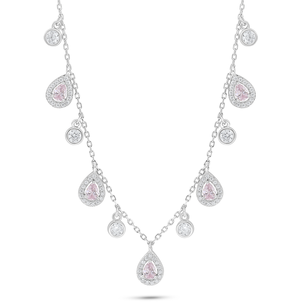 Sterling Silver 925 Necklace Rhodium Plated Embedded With Pink Zircon And White Zircon