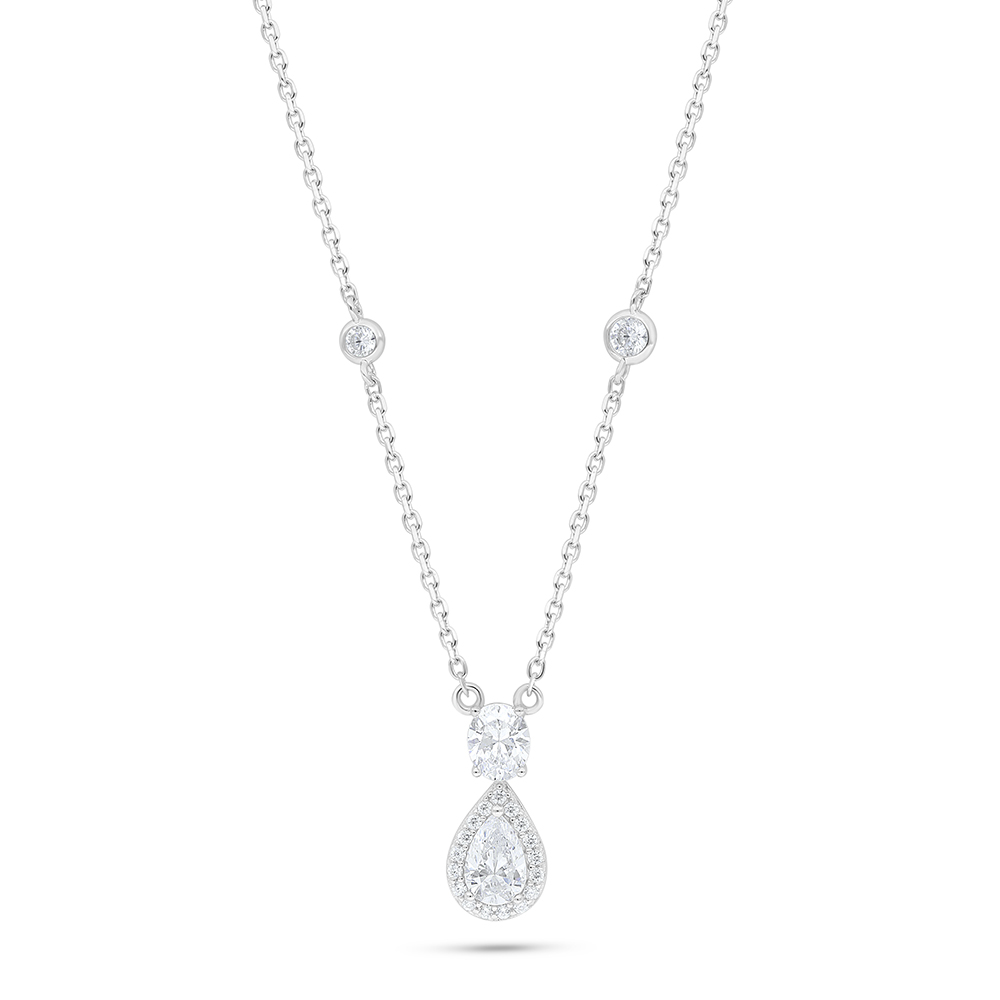 Sterling Silver 925 Necklace Rhodium Plated Embedded With White Zircon