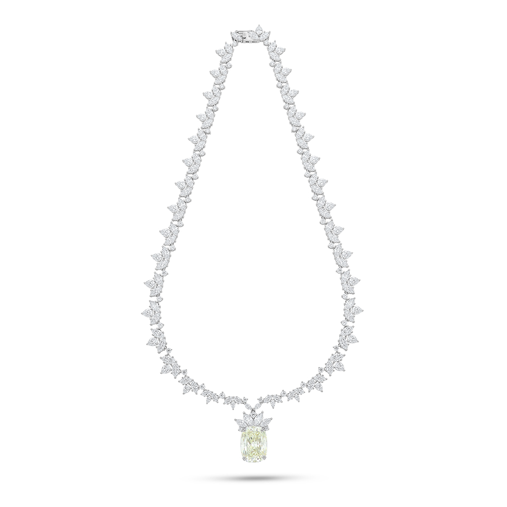 Sterling Silver 925 Necklace Rhodium Plated Embedded With Yellow Diamond And White Zircon