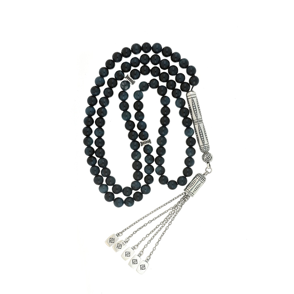 Rosary 99 Sterling Silver 925 Set Oxidized Embedded With Blue Tiger Eye Bead 06 ML LOGO