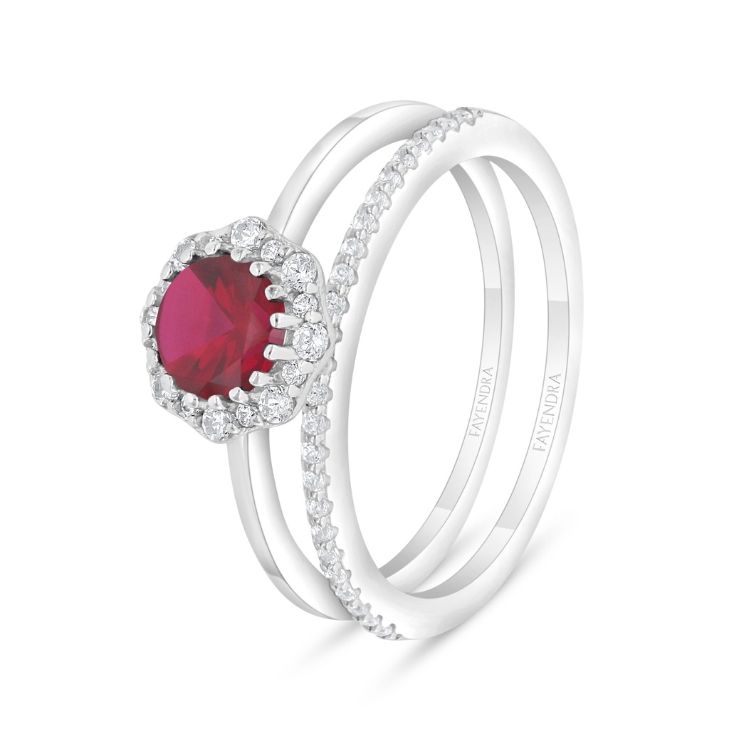 Sterling Silver 925 Ring (Twins) Rhodium Plated Embedded With Ruby Corundum And White Zircon