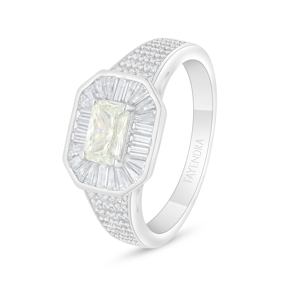 Sterling Silver 925 Ring Rhodium Plated Embedded With Yellow Diamond And White Zircon