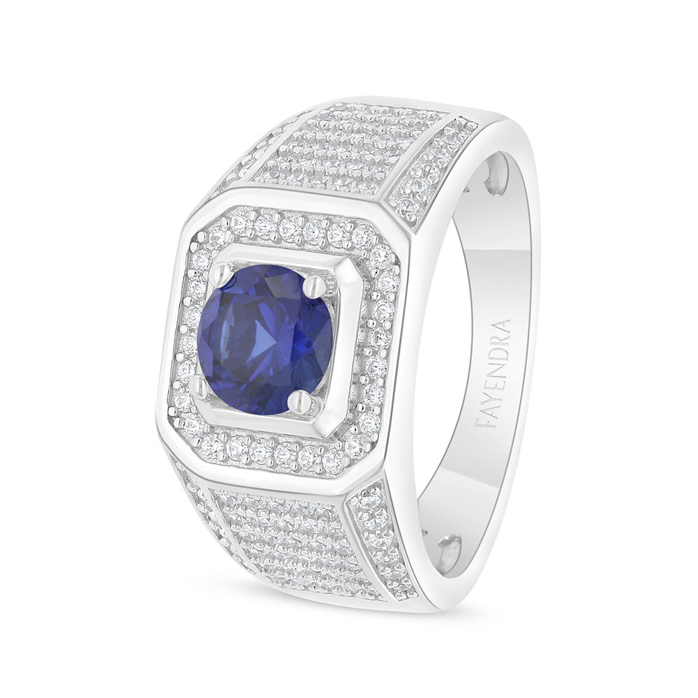 Sterling Silver 925 Ring Rhodium Plated Embedded With Sapphire Corundum And White Zircon