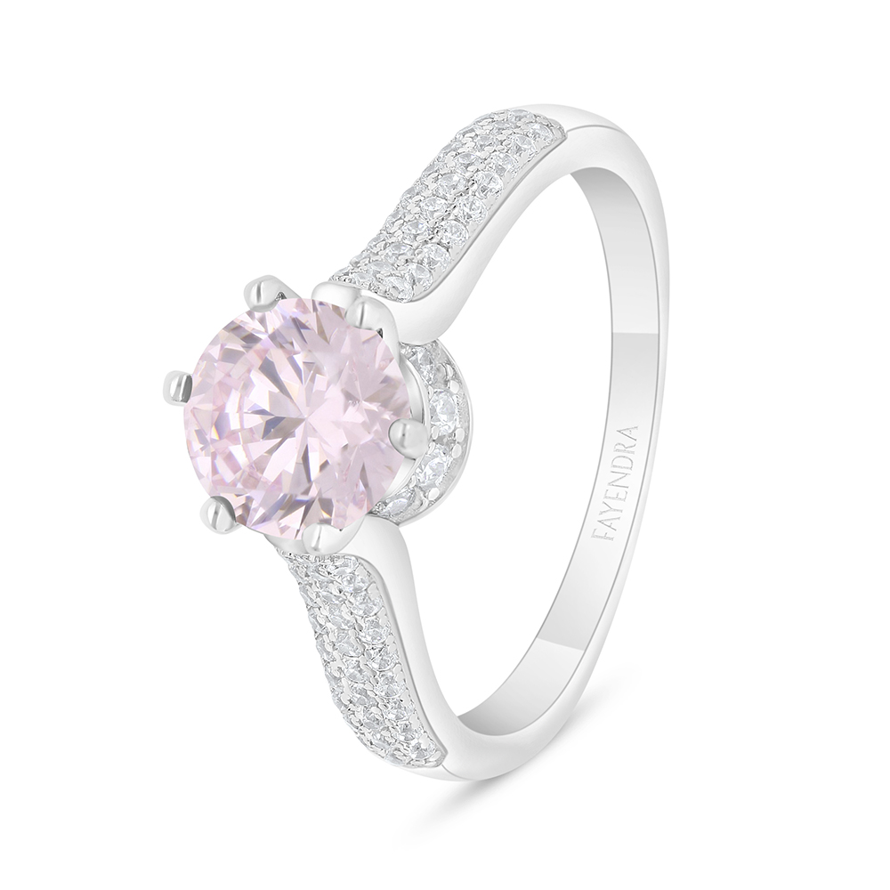 Sterling Silver 925 Ring Rhodium Plated Embedded With Pink Zircon And White Zircon