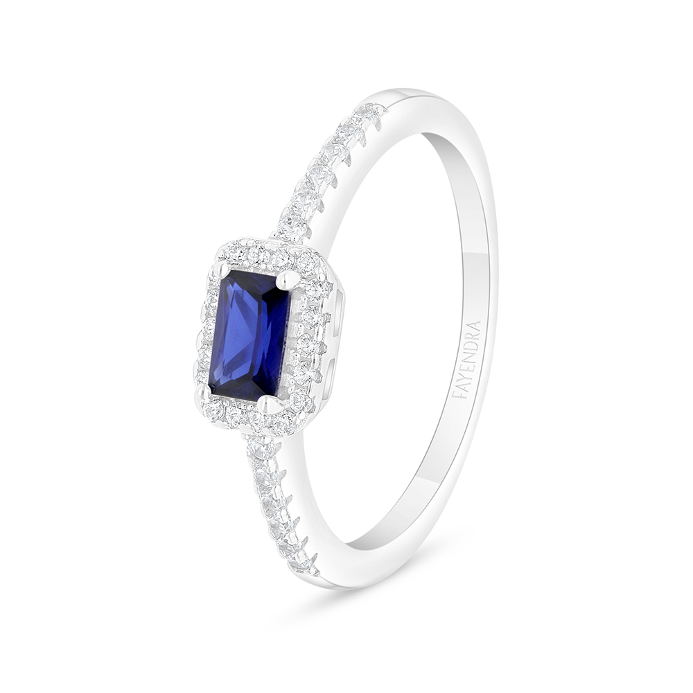 Sterling Silver 925 Ring Rhodium Plated Embedded With Sapphire Corundum And White Zircon