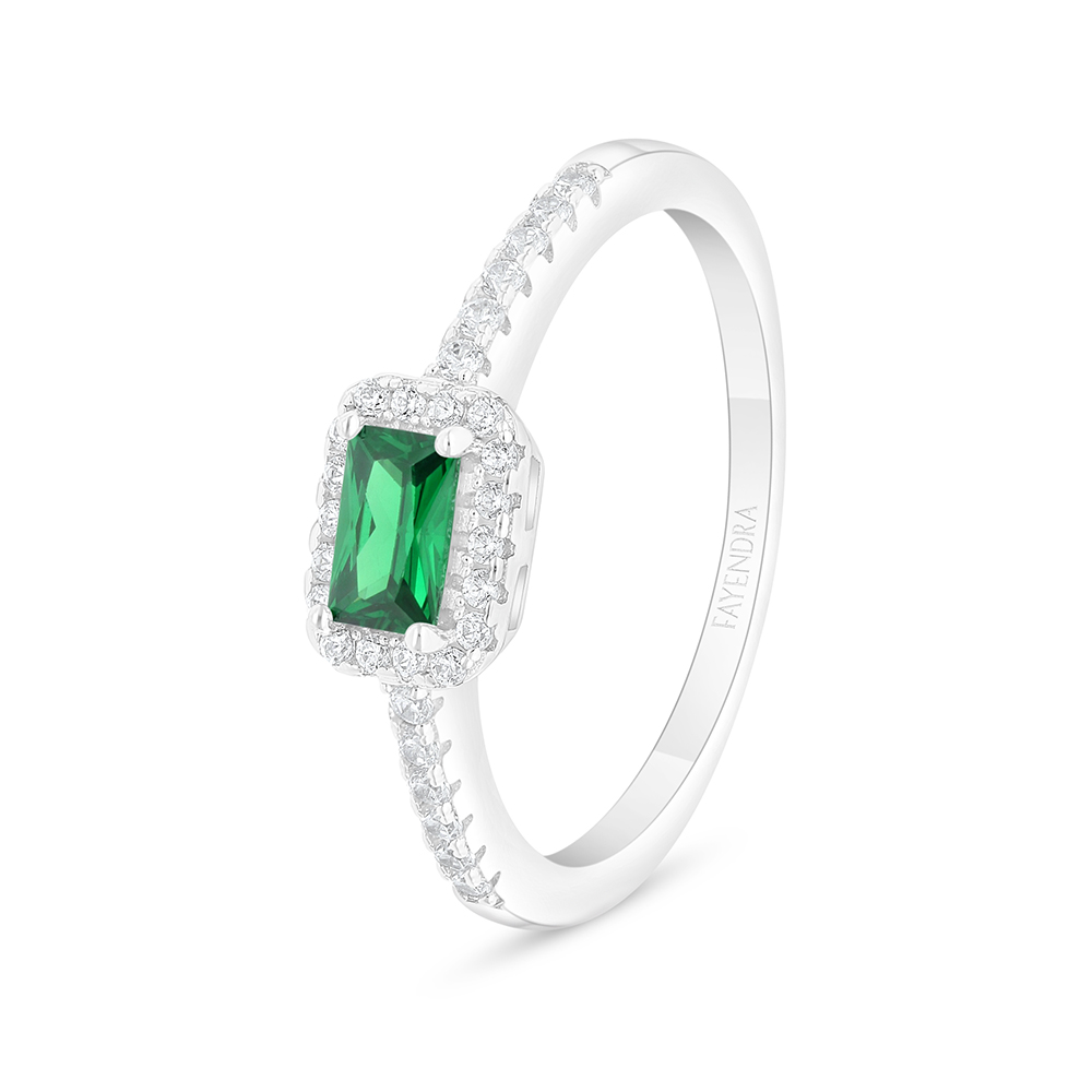 Sterling Silver 925 Ring Rhodium Plated Embedded With Emerald Zircon And White Zircon