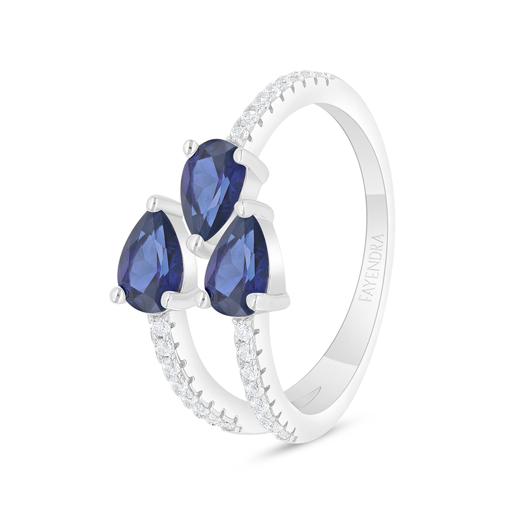 Sterling Silver 925 Ring Rhodium Plated Embedded With Sapphire Corundum And White Zircon