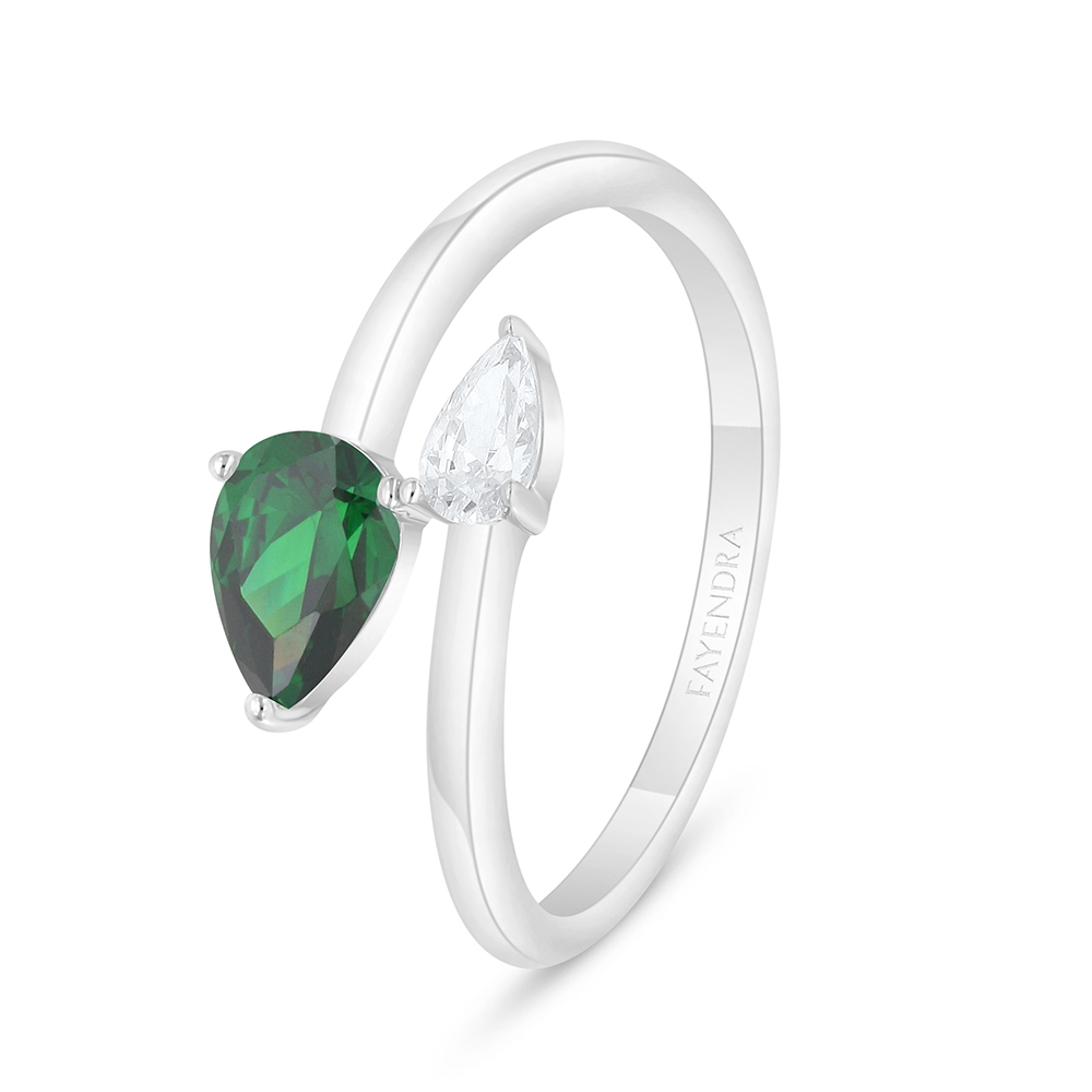 Sterling Silver 925 Ring Rhodium Plated Embedded With Emerald Zircon And White Zircon